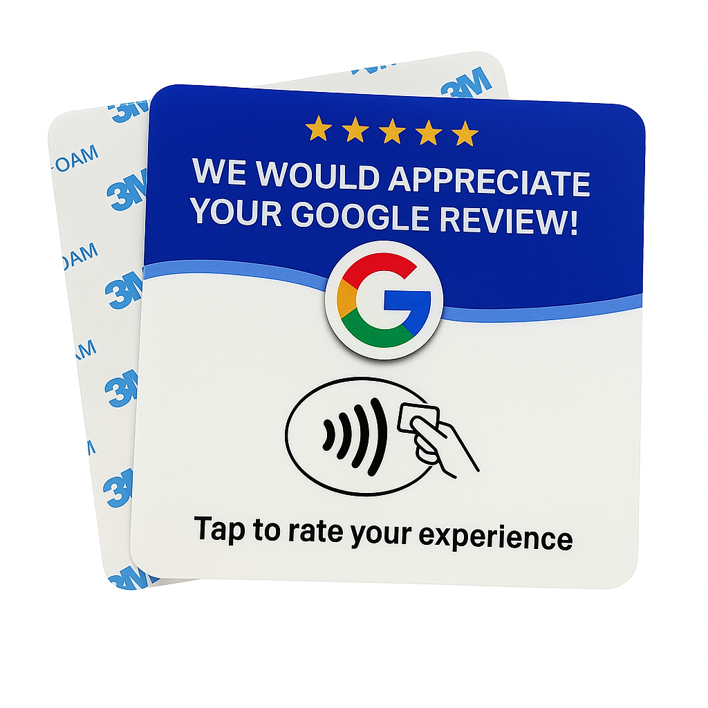 Google Review NFC card with 3M adhesive backing - tap to rate your experience